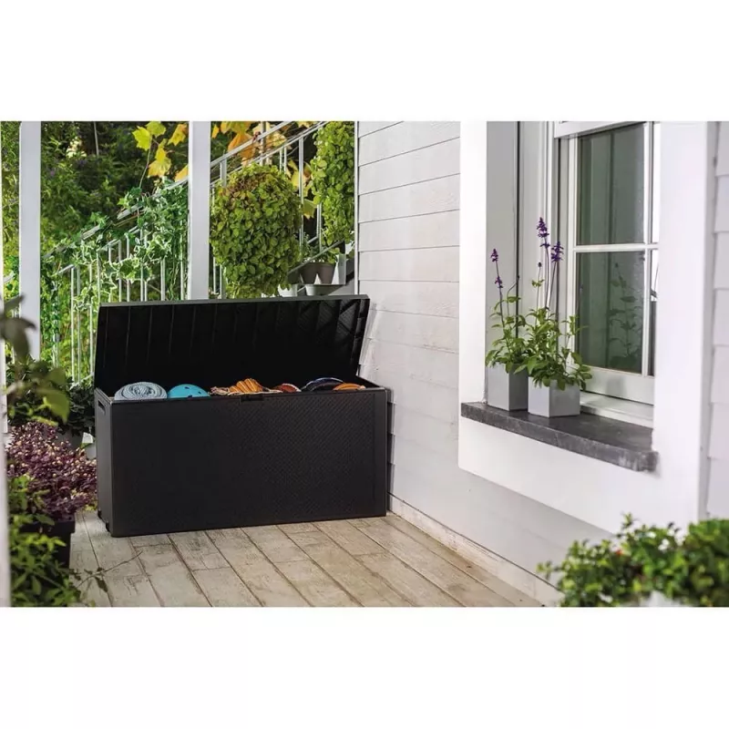 Caja de almacenamiento exterior Keter 249722 270 L, resistente a la intemperie, grafito, rectangular 1180×440×580 mm