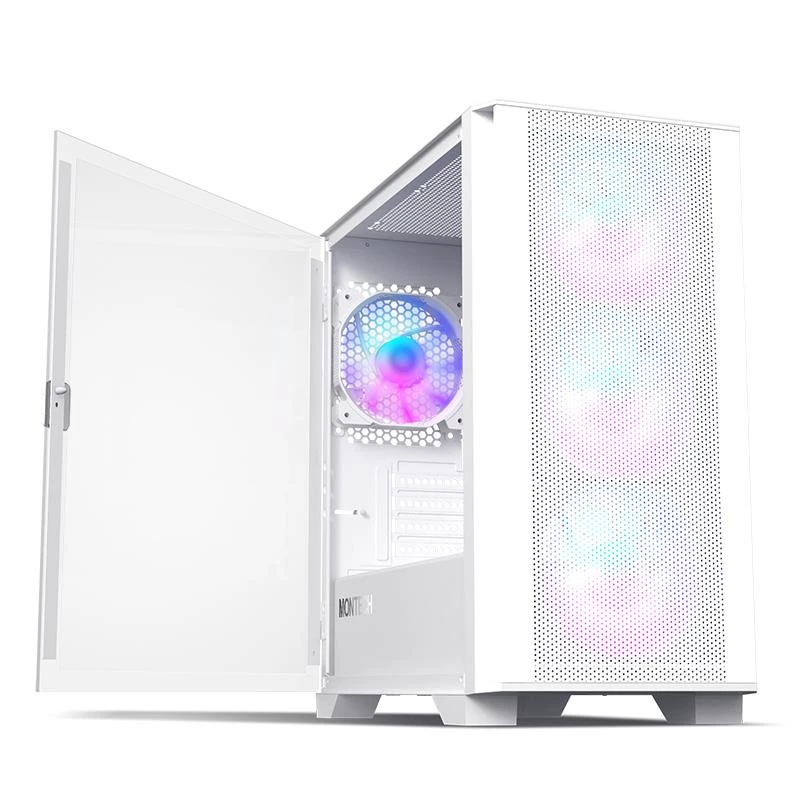 Torre Montech AIR 100 ARGB MICRO-ATX con cuatro ventiladores ARGB preinstalados, diseño ultraminimalista, panel frontal de malla fina, alto flujo de aire, lateral único