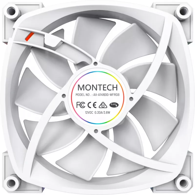 Ventilador de caja Montech AX140 PWM 140 mm, rodamiento Rifle, 540–1760 RPM, blanco