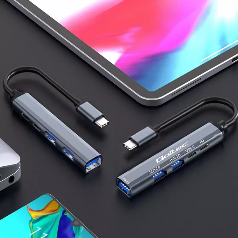Qoltec 53790 Hub Adaptador USB-C 3.1 5in1 | USB-C PD | USB-C | 2x USB 2.0 | USB 3.0