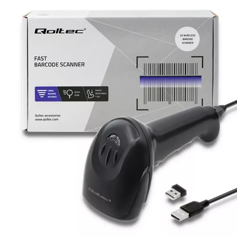 Lector de códigos de barras de mano QOLTEC 50868 — escáner láser 1D/2D, USB con cable e inalámbrico, distancia de trabajo 600 mm, negro