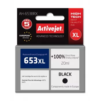 Cartucho de tinta compatible ActiveJet AH-653BRX para HP 653XL, negro, 20 ml, alto rendimiento (XL), 720 páginas
