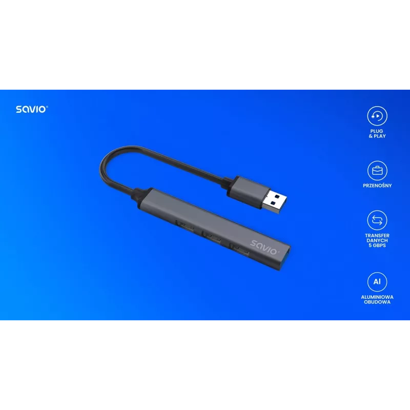 Savio AK-70 hub USB-A, 4 en 1: 3 x USB-A 2.0 + 1 x USB-A 3.1 Gen 1, 5 Gbps