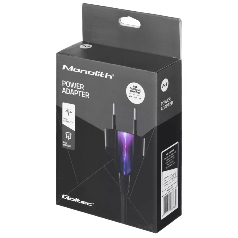 Qoltec 51773 adaptador de corriente CA para monitores Samsung, 42 W, 14 V 3 A, conector de 6,5x4,4 mm, entrada 220–240 V 50/60 Hz