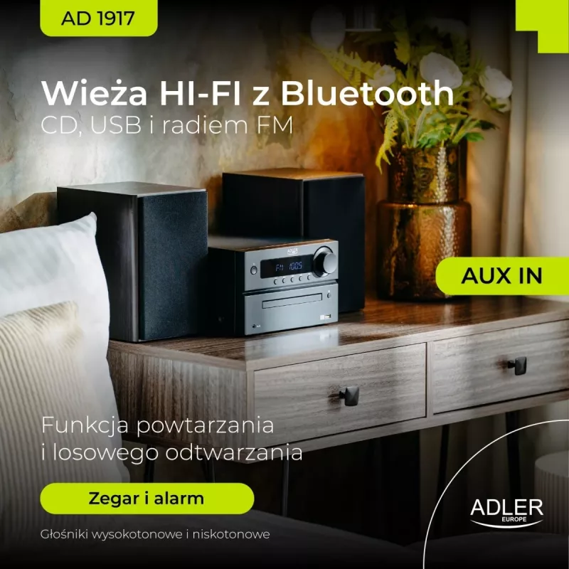 Minicadena estéreo Hi‑Fi Adler AD 1917 — Bluetooth V5.3, CD/USB/MP3, 2×25 W RMS, sintonizador FM, ecualizador de 4 bandas, AUX, negro