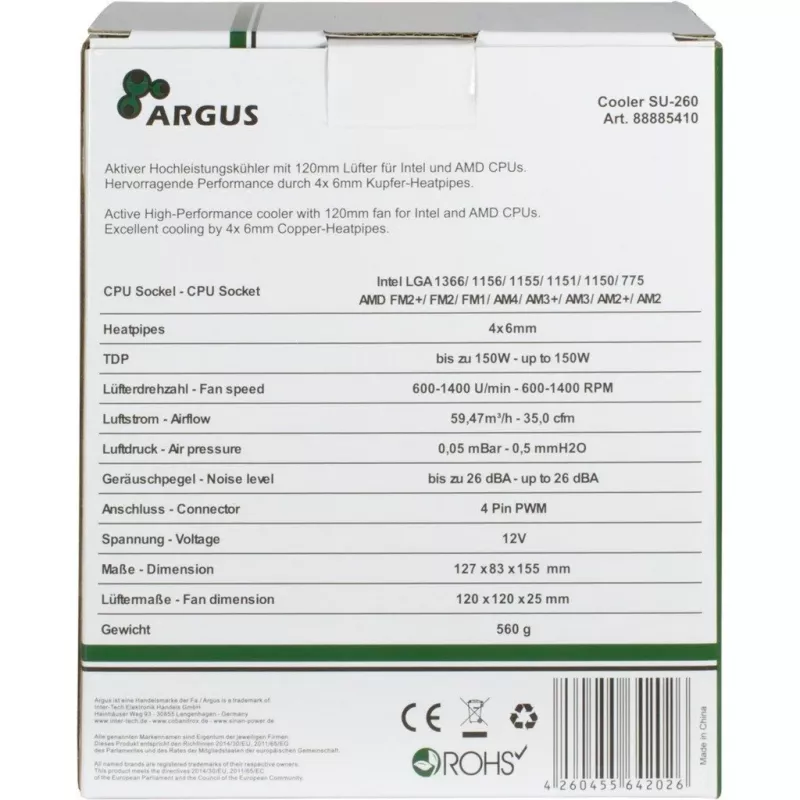 Inter-Tech Argus SU-260 - procesador - disipador - 12 cm - LGA 1150 (zócalo H3) - LGA 1151 (zócalo H4) - LGA 1155 (zócalo H2) - LGA 1156 (zócalo H) - LGA 775... - AMD A - Intel® Celero