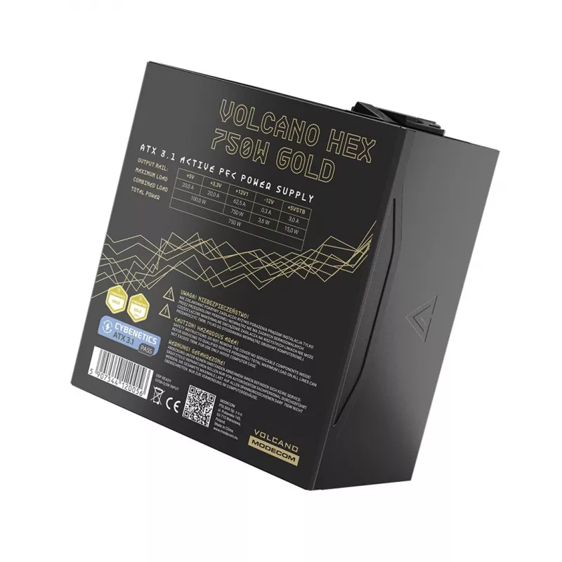 Fuente de alimentación MODECOM VOLCANO HEX GOLD 750W, 80 PLUS Gold, ATX 3.1, modular, ventilador de 14 cm