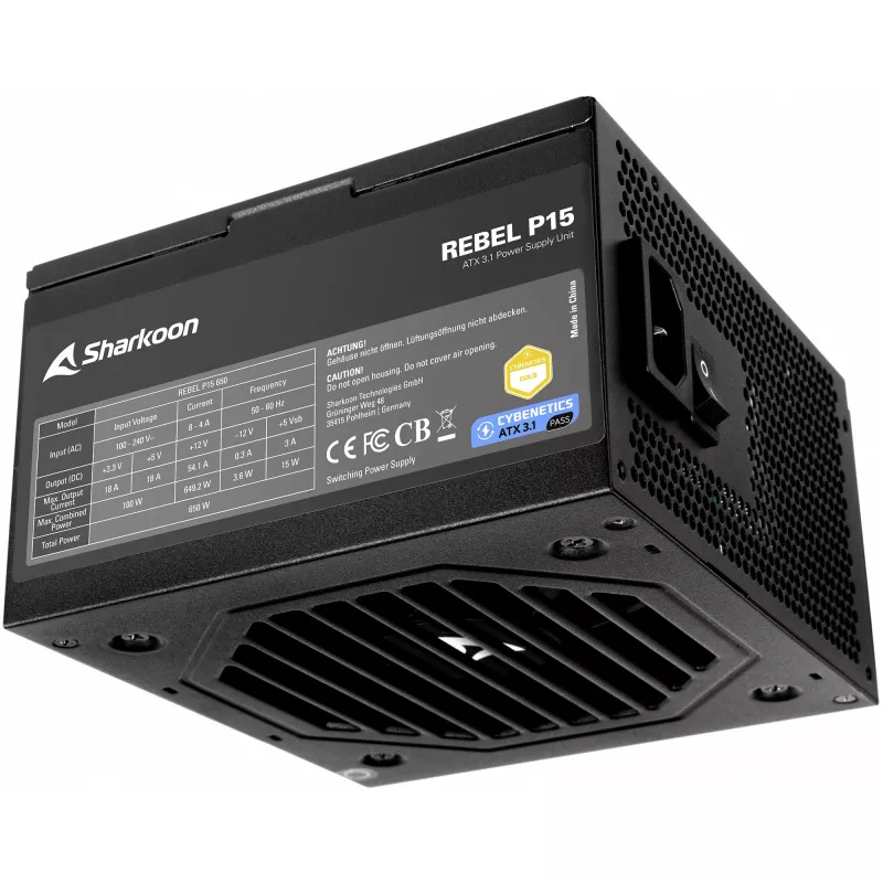Fuente de alimentación Sharkoon Rebel P15 650 — 650 W, 1 conector de GPU de alta potencia de 12 pines, 2 PCIe, cables modulares