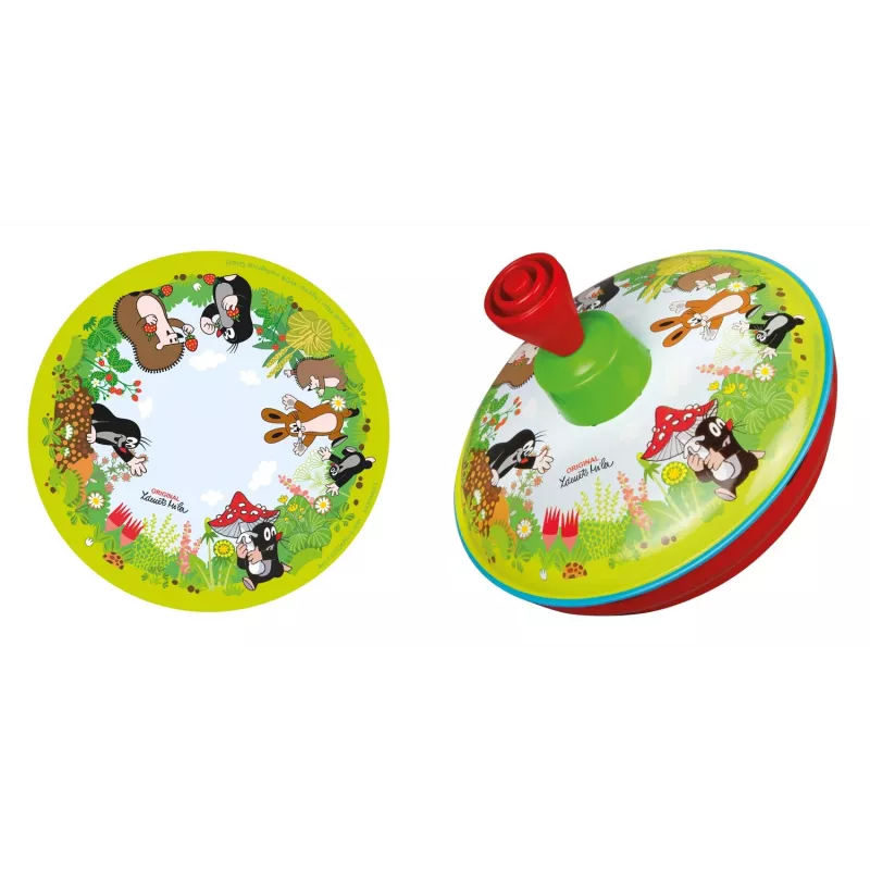 Peonza Lena 52449, juguete de madera con motivo del Topo Loco, 13 cm