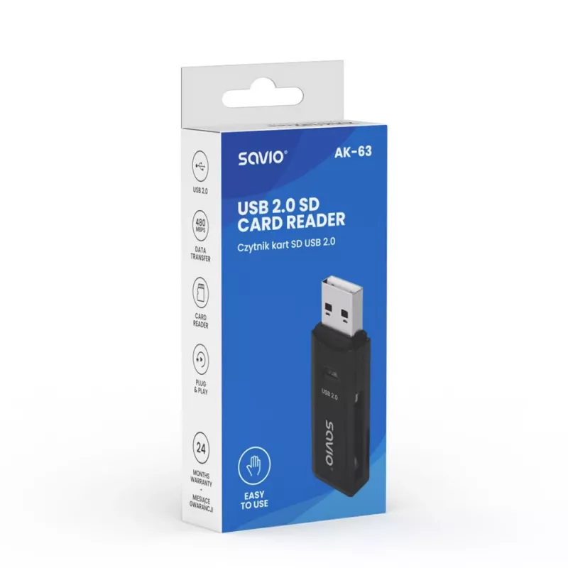 Lector de tarjetas SD, USB 2.0, 480 Mbit/s, AK-63 Savio SAVAK-63