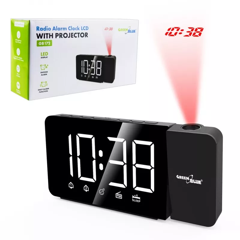 Radio-reloj digital LED GreenBlue GB172 con sintonizador FM, proyector, termómetro, alimentación USB 5V y CR2032