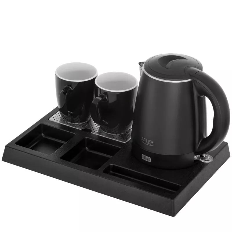 Adler AD 1387 hervidor eléctrico de hotel con bandeja y tazas, 1 l, acero inoxidable
