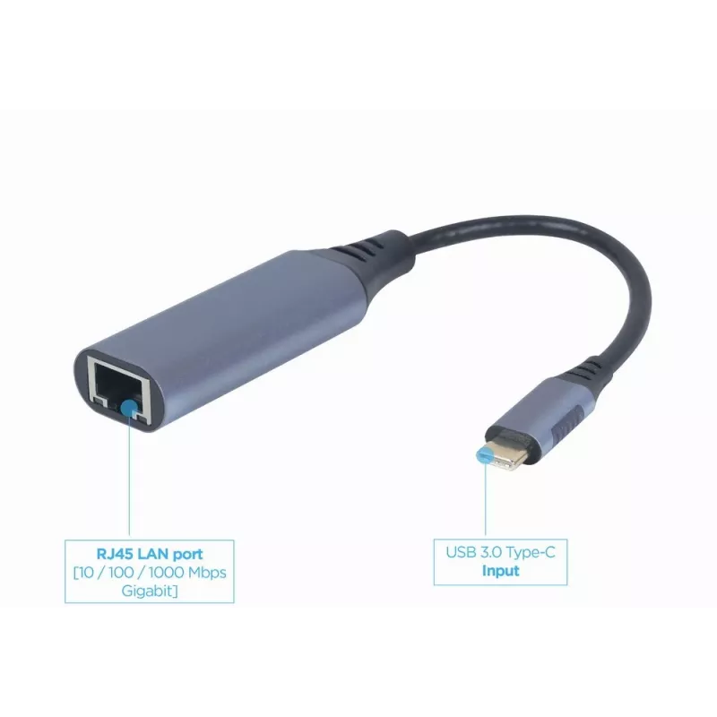 Adaptador de red Gembird A-USB3C-LAN-01 Type-C USB 3.2 Gen 1, Gigabit RJ-45, cable de 0,15 m, carcasa metálica, gris/negro