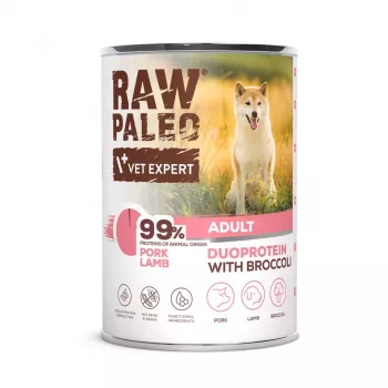 Comida húmeda para perros VETEXPERT RAW PALEO Duoprotein cerdo y cordero Adult 400 g, sin cereales, sin gluten