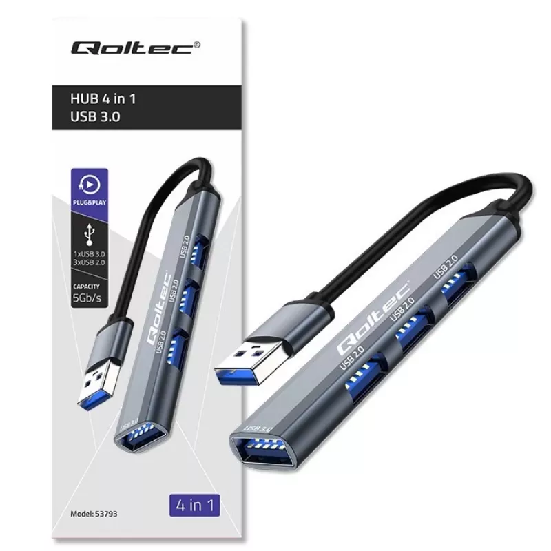 Hub USB QOLTEC 53793 — entrada USB 3.0, 3 conectores USB 2.0