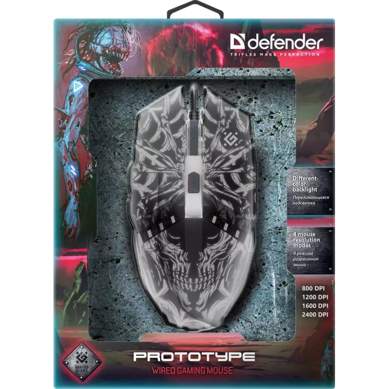 Defender PROTOTYPE GM-670L ratón gaming, óptico, 2400 DPI, con cable USB, ambidiestro, iluminado, negro