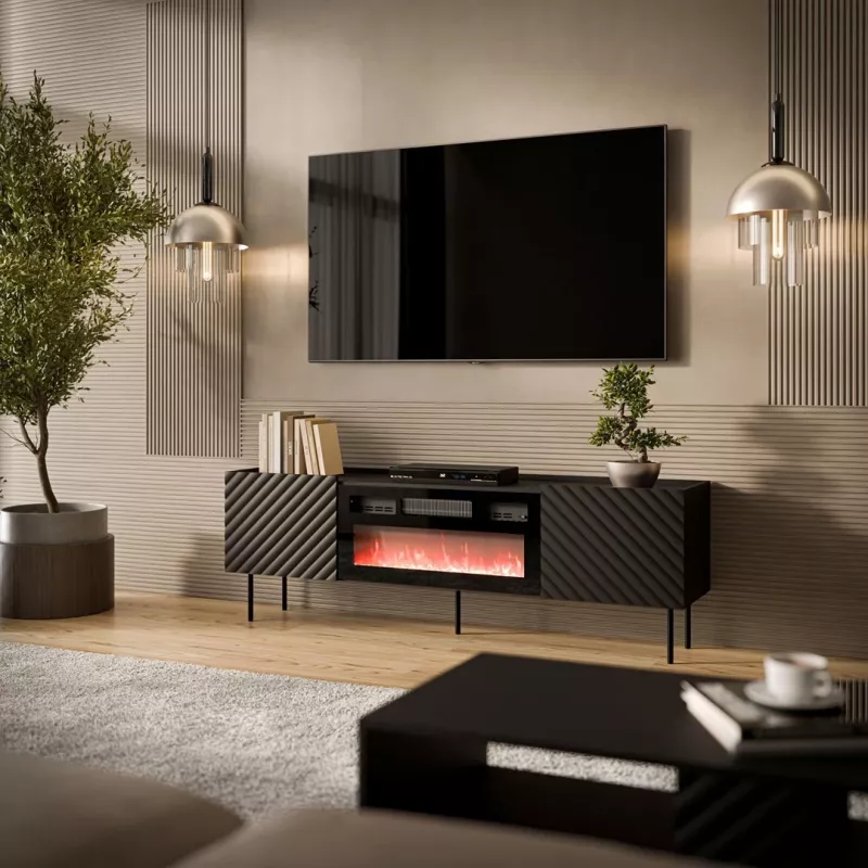 Mueble TV Cama Meble LUCCA 180x40x59 cm, superficie y marco negros, aglomerado, chimenea negra incluida