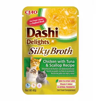 Snack húmedo para gatos INABA Dashi Delights – pollo con atún y vieira, sobre de 40 g, 93 % de humedad, 5,5 % de proteína