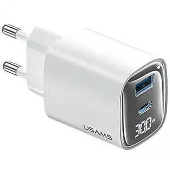 Cargador rápido GaN USB y USB-C 30W usams CC229 blanco — indicador LED, diseño compacto