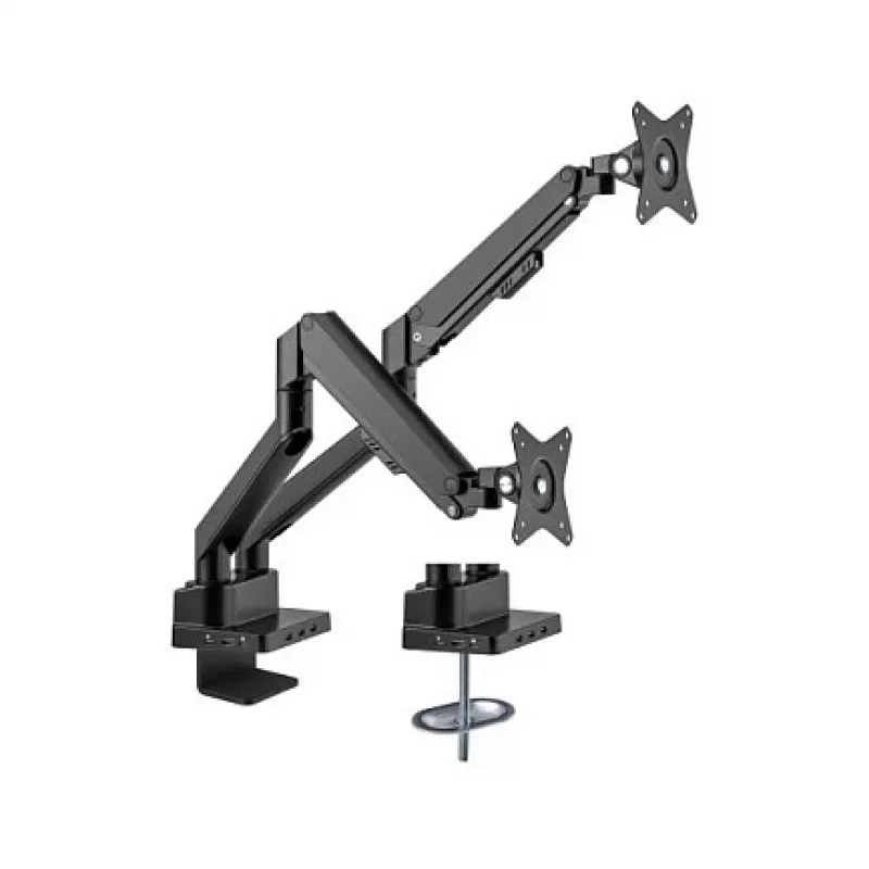Manhattan Soporte de escritorio dual para TV y monitores (Full Motion con resorte de gas) con dock integrado, para pantallas de hasta 27 pulgadas, conexiones (x7): Ethernet, HDMI (x2), USB-A (x3) y USB-C, Power Delivery (100 W) al puerto USB-C (se requiere fuente de alimentación/cable USB-C por separado), VESA: 75x75 y 100x100 mm
