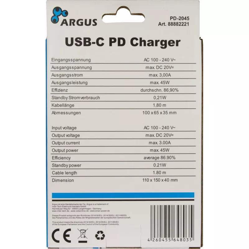 Cargador Inter-Tech PD-2045 universal negro AC para interiores 20V USB-C