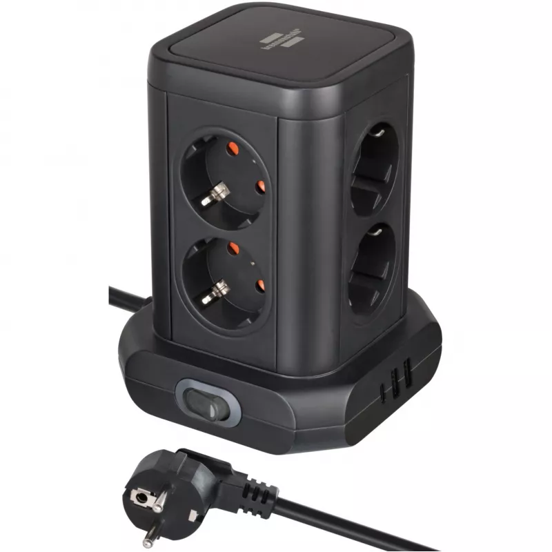 Torre de enchufes Brennenstuhl 1153560010 — 8 tomas, 2×USB-A, 1×USB-C, negro