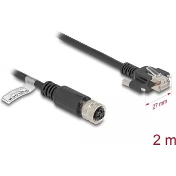 Cable de red DeLOCK M12 D-codificado 4 polos conector hembra a conector macho RJ45 Cat.5e 2 m negro