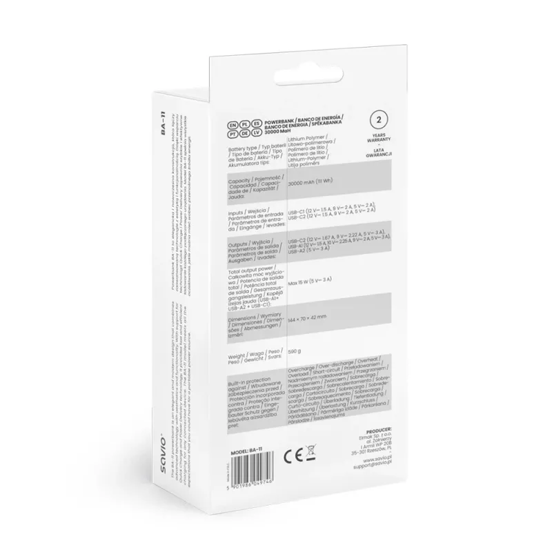 SAVIO BA-10 batería externa 30000 mAh (111 Wh), Li-ion, 2x USB-C, 2x USB-A, Quick Charge, Power Delivery
