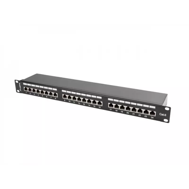 Patch panel 1U LANBERG PPS6-1024-B, 24 puertos Cat6, metal, negro, 442×114,5×44,5 mm