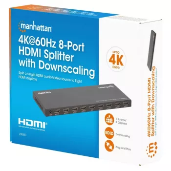 Splitter HDMI Manhattan 4K@60Hz 8 puertos con downscaling, distribuye una señal de entrada HDMI a ocho salidas HDMI (1x8), 18G, conmutador EDID para downscaling, Negro