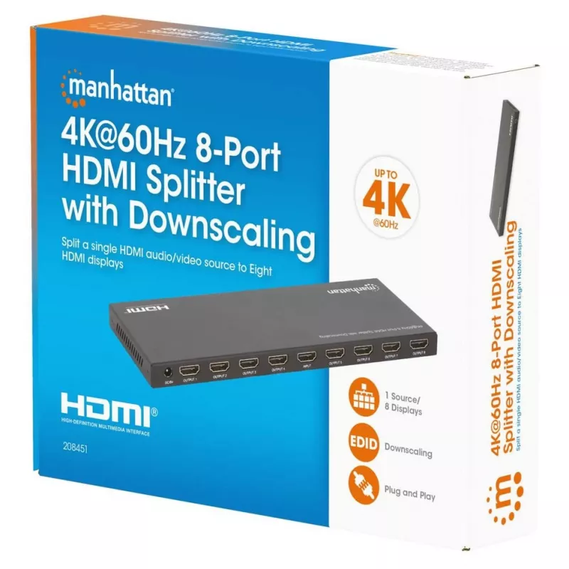 Splitter HDMI Manhattan 4K@60Hz 8 puertos con downscaling, distribuye una señal de entrada HDMI a ocho salidas HDMI (1x8), 18G, conmutador EDID para downscaling, Negro