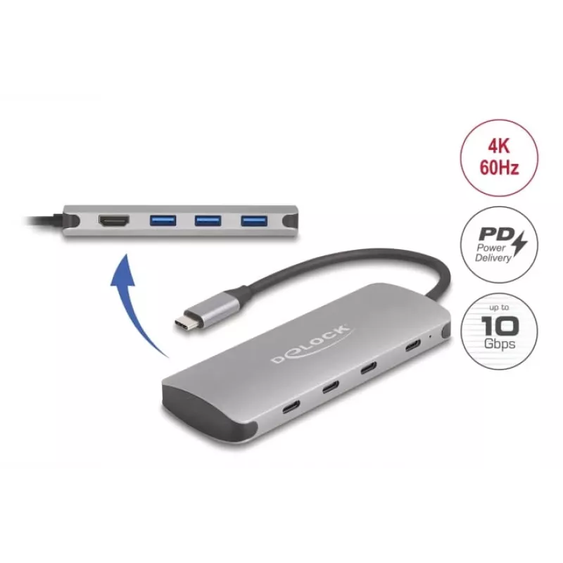 Hub USB-C DELOCK 64323 — host USB 3.2 Gen 2 Type-C, HDMI + 2× USB-A + 2× USB-C, 10 Gbit/s, gris