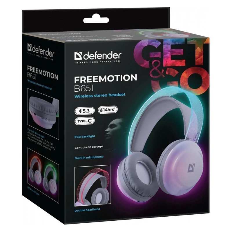 Defender FreeMotion B651 63651 auriculares inalámbricos supraaurales, Bluetooth 5.3, retroiluminación RGB, 20–20000 Hz, 105 dB, USB-C, AUX, blancos