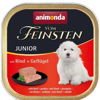 Comida húmeda para perros animonda Vom Feinsten Junior ternera y ave terrina 150 g — para el crecimiento, proteína 11 %, grasa 7 %