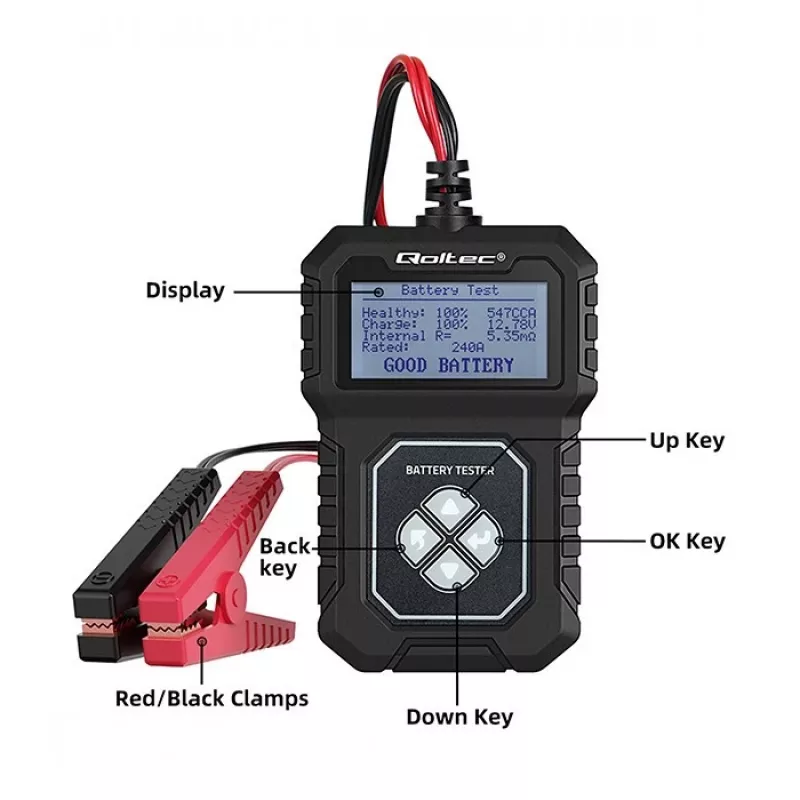 Probador de batería digital Qoltec con LCD | Menú en polaco | 12V | AGM | GEL | STD | 30-220AH