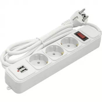 Alargador doméstico 1,8 m, 3 tomas + 2 USB, con interruptor