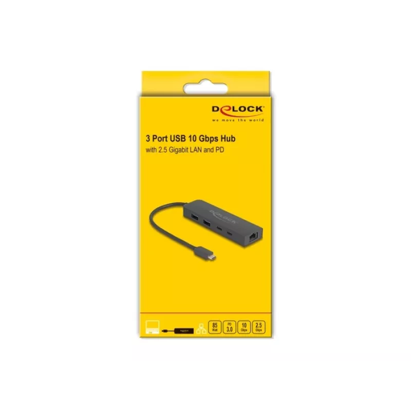 Hub USB DeLOCK 10 Gbit/s con 2,5 Gigabit LAN y PD 85 vatios
