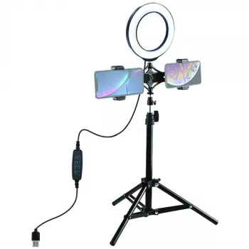 Anillo de luz LED 16 cm con trípode hasta 70 cm y doble soporte para móvil, USB