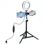 Anillo de luz LED 16 cm con trípode hasta 70 cm y doble soporte para móvil, USB
