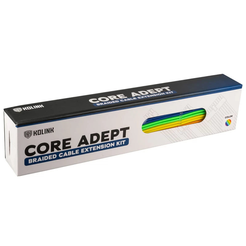 Set de extensión de cables con funda Kolink Core Adept — 6 piezas, funda PET, conductor de cobre, longitudes 300–350 mm