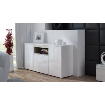 Aparador Cama Meble VIVA 150 — blanco/blanco alto brillo y roble sonoma, 3 puertas, 5 baldas, 1500×450×800 mm