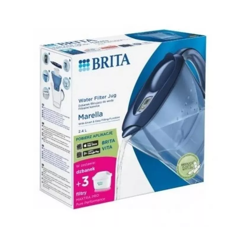 Jarra filtrante de agua BRITA Marella 2,4 l con 3 cartuchos Pure Performance, Maxtra Pro, azul