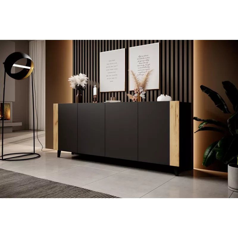 Cómoda Cama Meble FARO KOM200 CZ — 2000×420×820 mm, estructura negro mate, frentes efecto roble