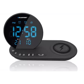 Radio reloj FM PLL/ALARMA/USB/CR85BK CARGA/Carga inalámbrica/temperatura interior/exterior/negro