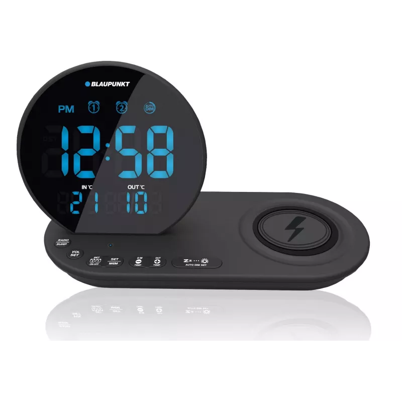 Radio reloj FM PLL/ALARMA/USB/CR85BK CARGA/Carga inalámbrica/temperatura interior/exterior/negro