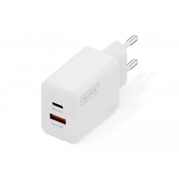 Cargador USB GaN de interior DIGITUS DA-10301 — 30W, 1× USB-C, 1× USB-A, 100–240V, blanco