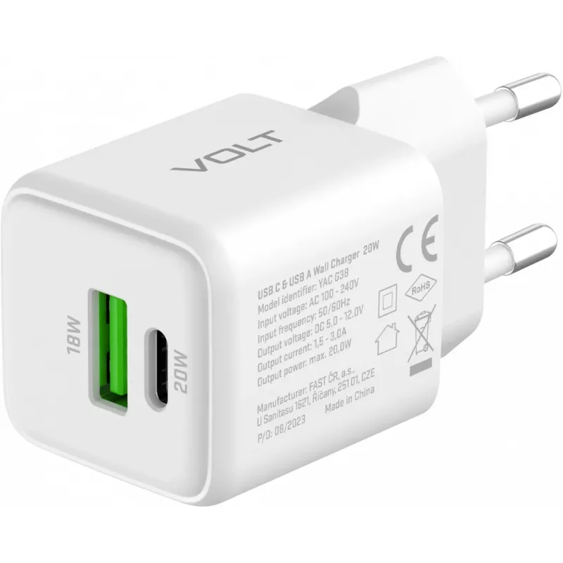 Cargador de red USB-C/A YENKEE YAC G38 20W 3A Power Delivery (USB-C y USB-A)