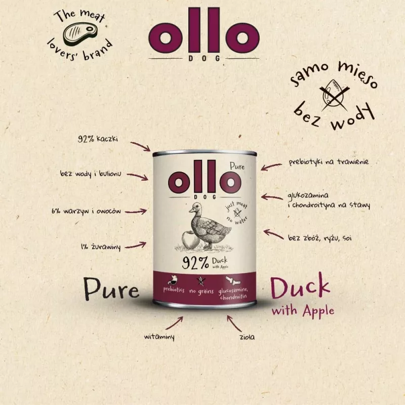 OLLO Pure Duck con manzana - comida húmeda para perros - 400 g