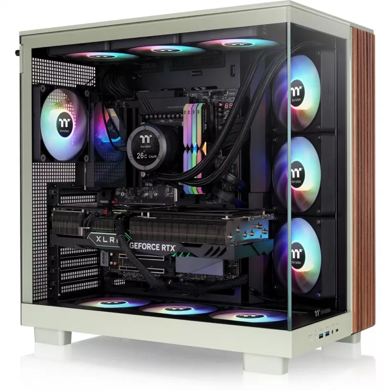 View 380 XL WS ARGB, caja torre verde claro/madera, cristal templado x 2, estructura de madera
