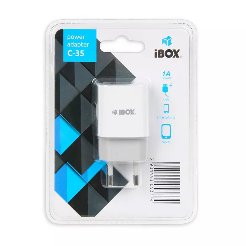 Cargador de interior AC IBOX C-35 universal blanco — 5 V máx., 0,3 A entrada, 1 A salida USB